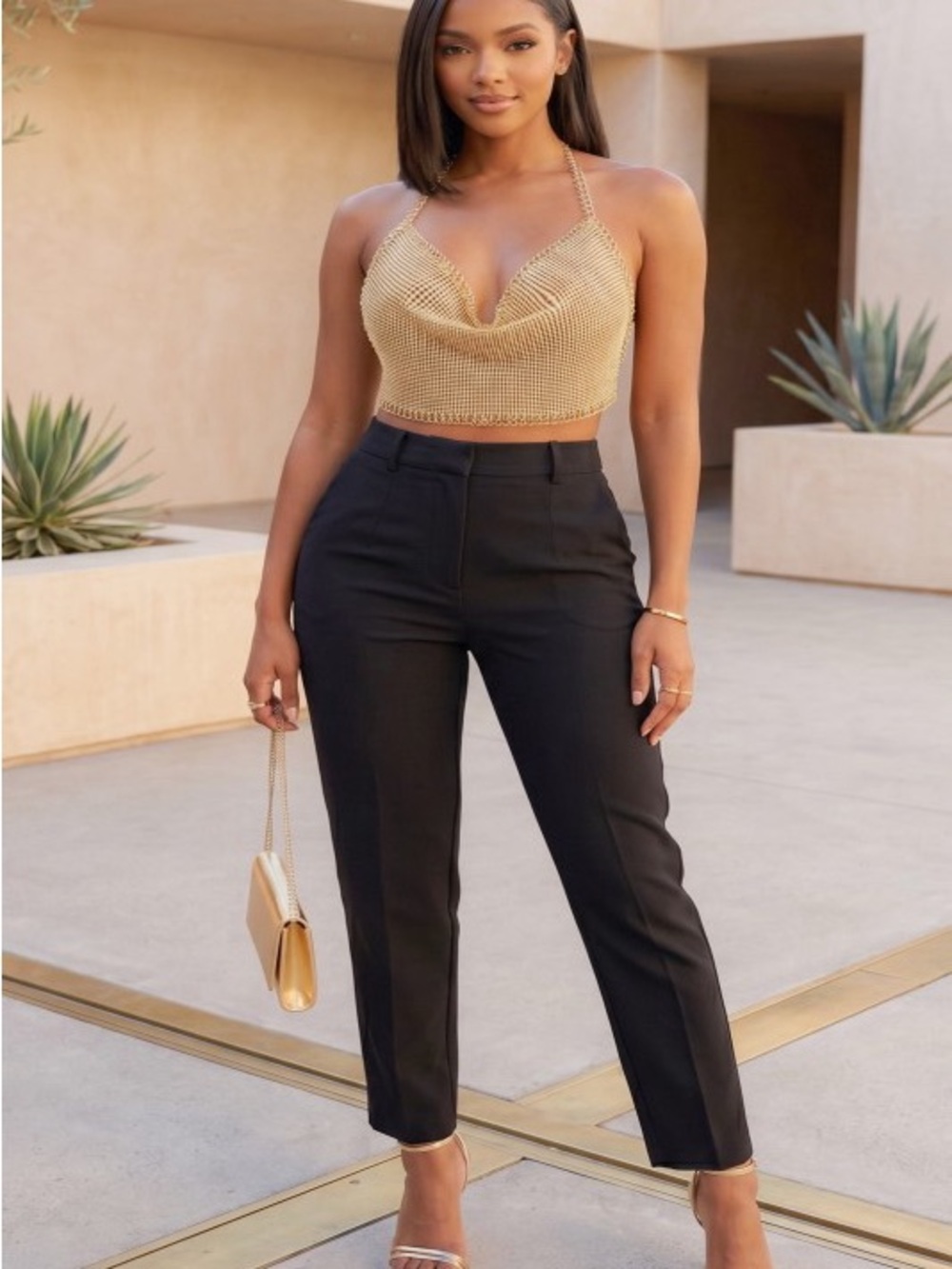 Metallic Gold Chainmail Cowl Neck Crop Top